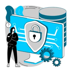 Illustration of a person examining a secure digital interface with a padlock symbol, representing privacy-focused analytics and data protection