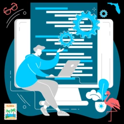 Illustration of a software engineer in a bright blue hoodie working on a laptop, surrounded by gears representing software development and automation. The background includes a digital interface with code lines, Florida-themed graphics like a flamingo and palm trees, and symbols of technology and growth
