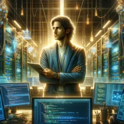 Man looks off into the distance inside a dreamy, golden data center